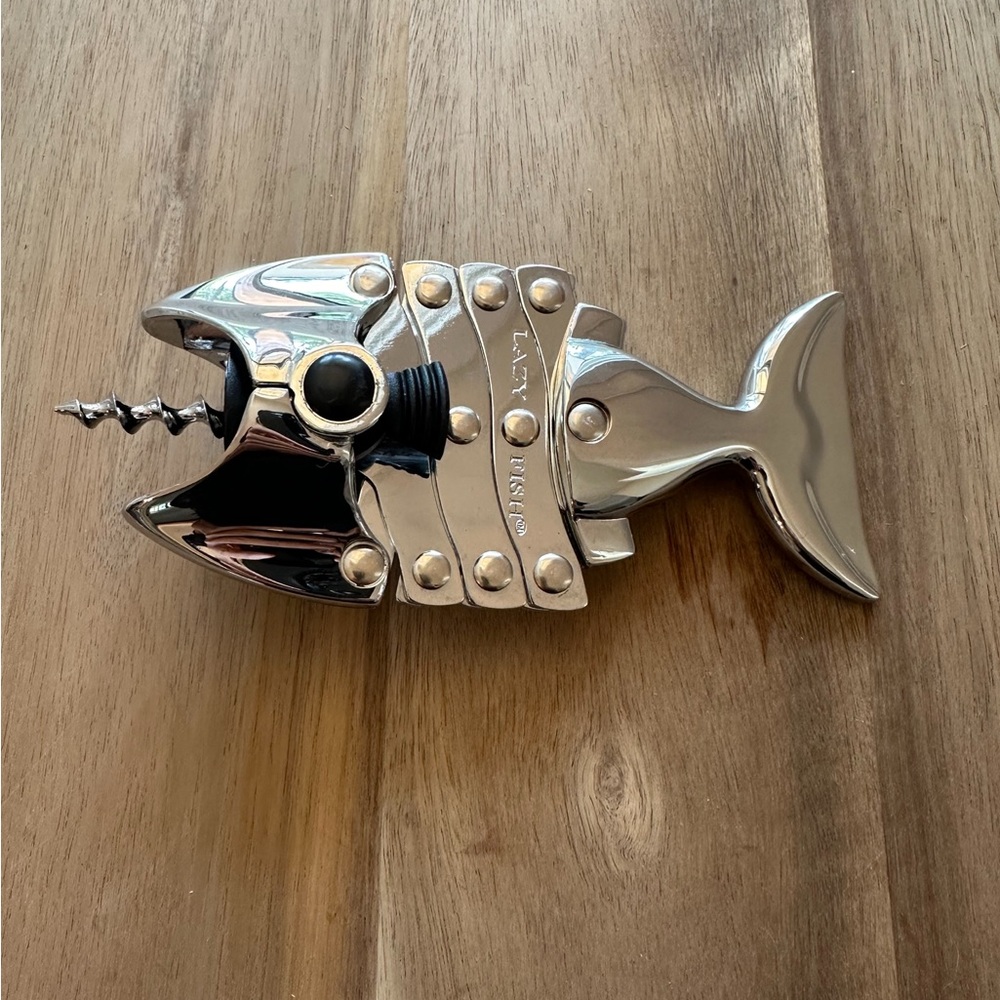 Vtg Rare Lazy Fish Chrome Corkscrew Extendable Wine Bottle Opener